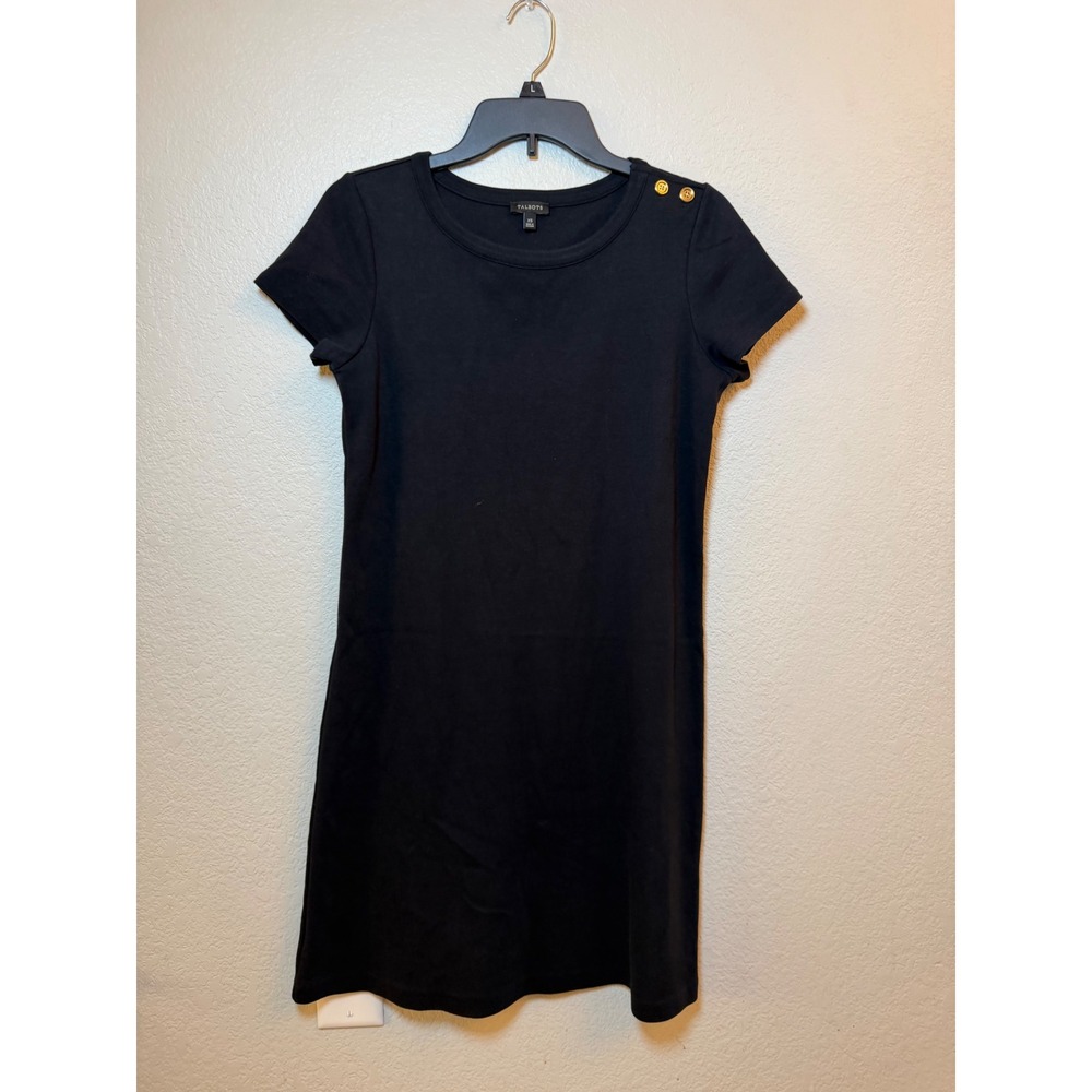 Talbots Black Cotton Short Sleeve Shift Dress Gold Button Shoulder XS
